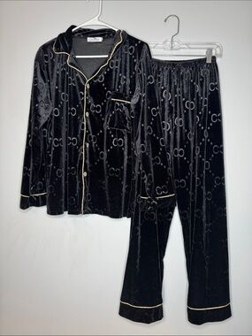 Black crushed velvet CC monogrammed pajama set
